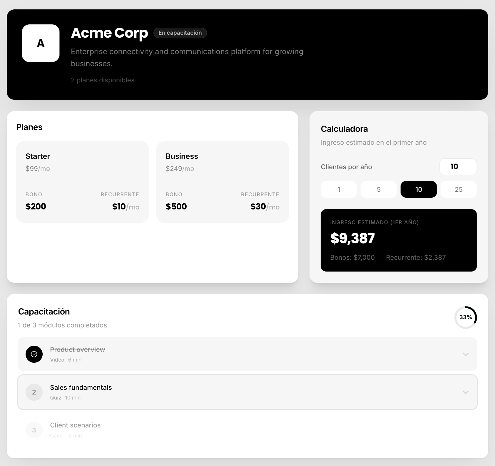 Vista de capacitación y planes de una app