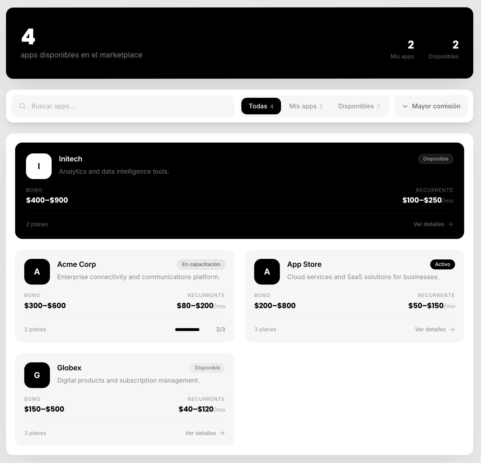 Dashboard del catálogo de apps