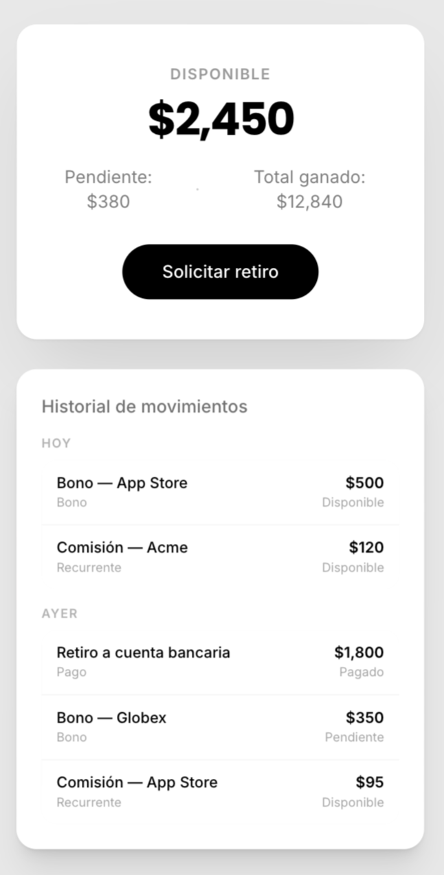 Vista móvil de la billetera